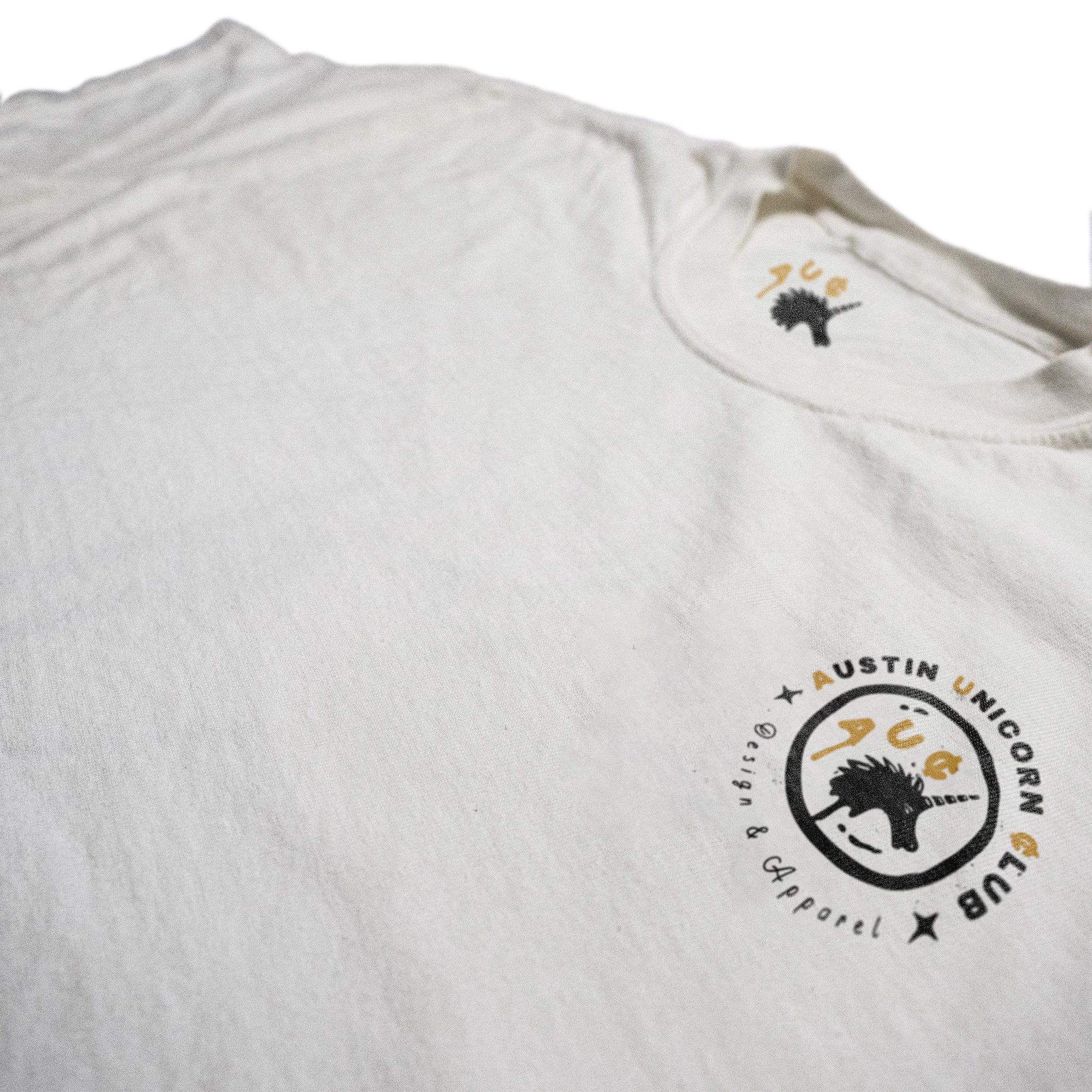 All Grits No Glory - Heavyweight White Tee - Image of front chest print up close - Austin Unicorn Club Apparel