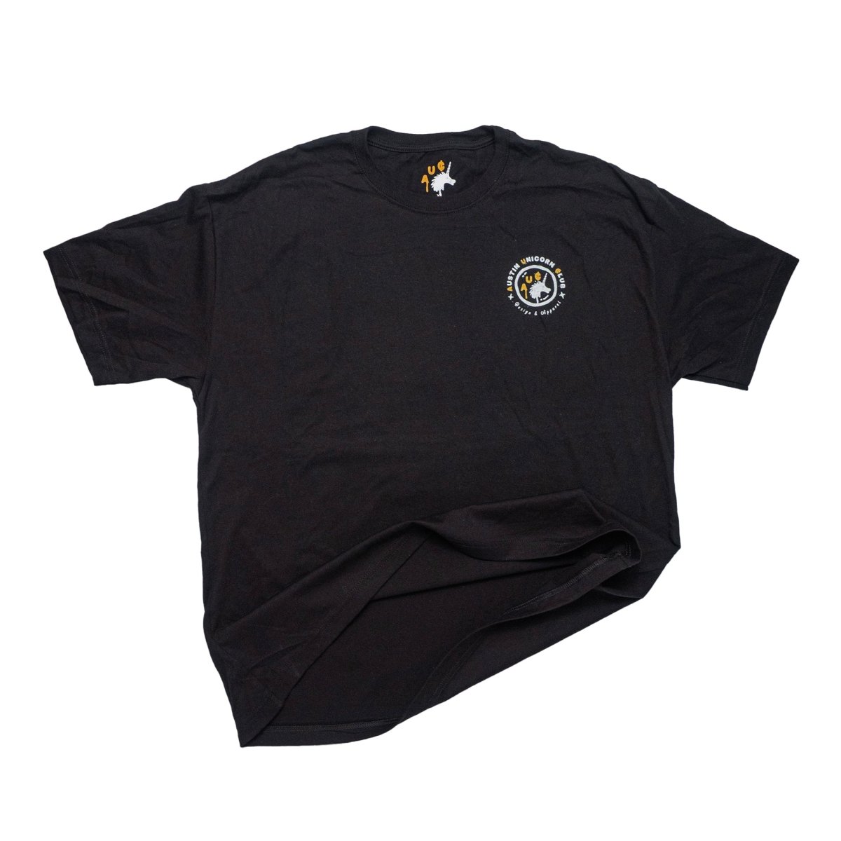 All Grits No Glory - Heavyweight Black Tee - Image of front of shirt slightly crumpled - Austin Unicorn Club Apparel