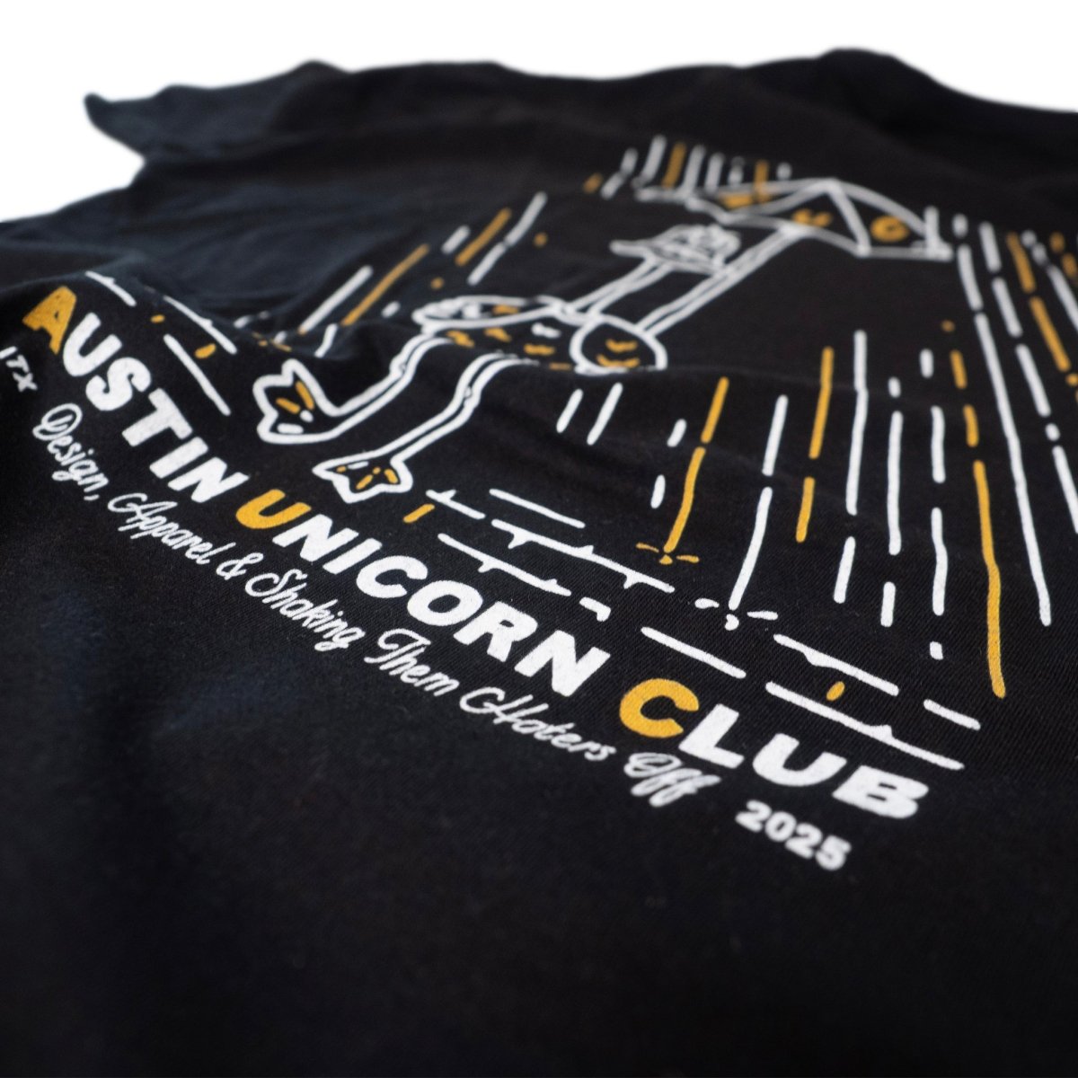 Shake Them Haters Off - Heavyweight Black Tee - Image of back print up close - Austin Unicorn Club Apparel