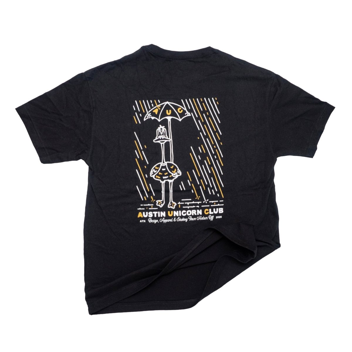 Shake Them Haters Off - Heavyweight Black Tee - Image of back print of shirt slightly crumpled - Austin Unicorn Club Apparel