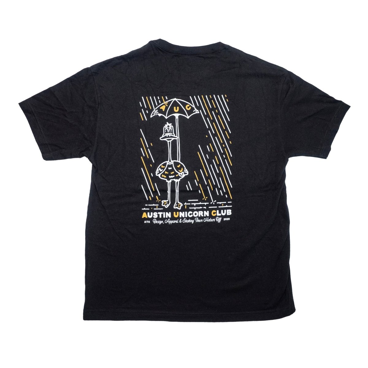 Shake Them Haters Off - Heavyweight Black Tee - Image of back print of shirt laid flat - Austin Unicorn Club Apparel