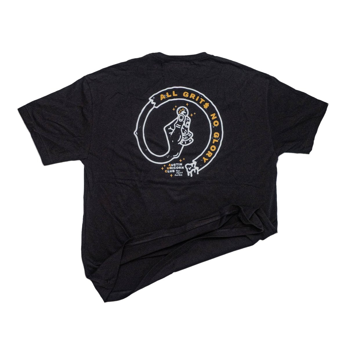 All Grits No Glory - Heavyweight Black Tee - Image of back of shirt slightly crumpled - Austin Unicorn Club Apparel