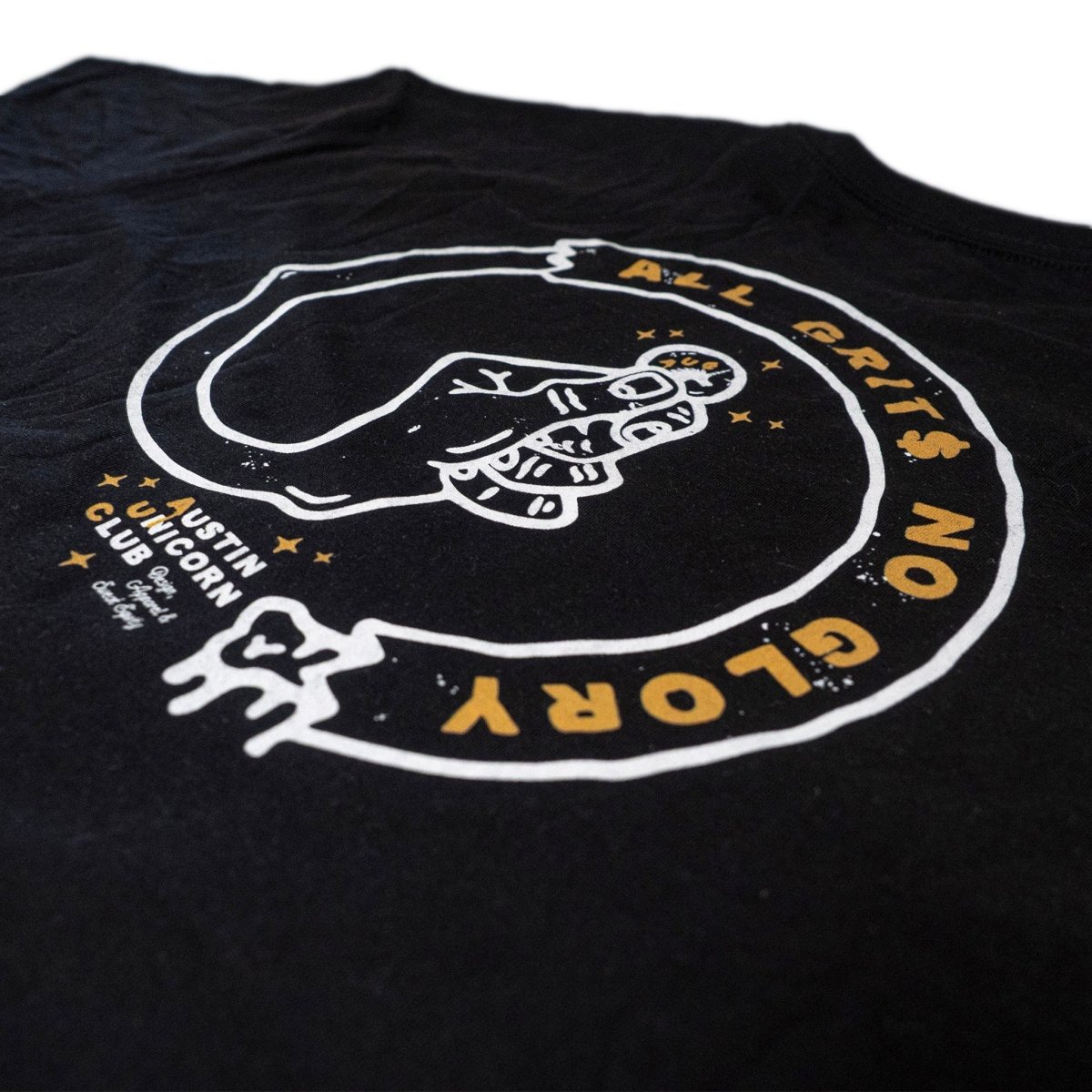 All Grits No Glory - Heavyweight Black Tee - Image of back print up close - Austin Unicorn Club Apparel