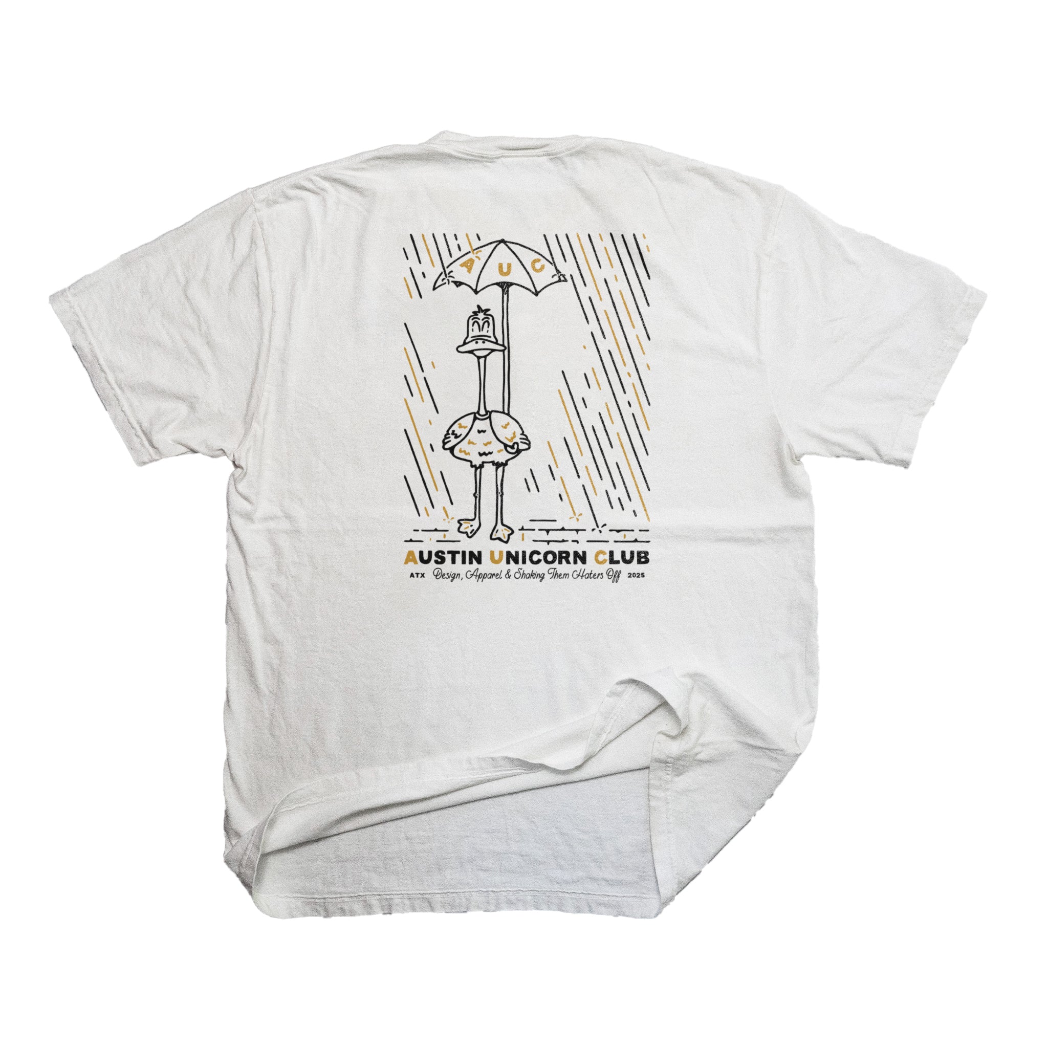 Shake Them Haters Off - Heavyweight White Tee - Image of back print of shirt slightly crumpled - Austin Unicorn Club Apparel