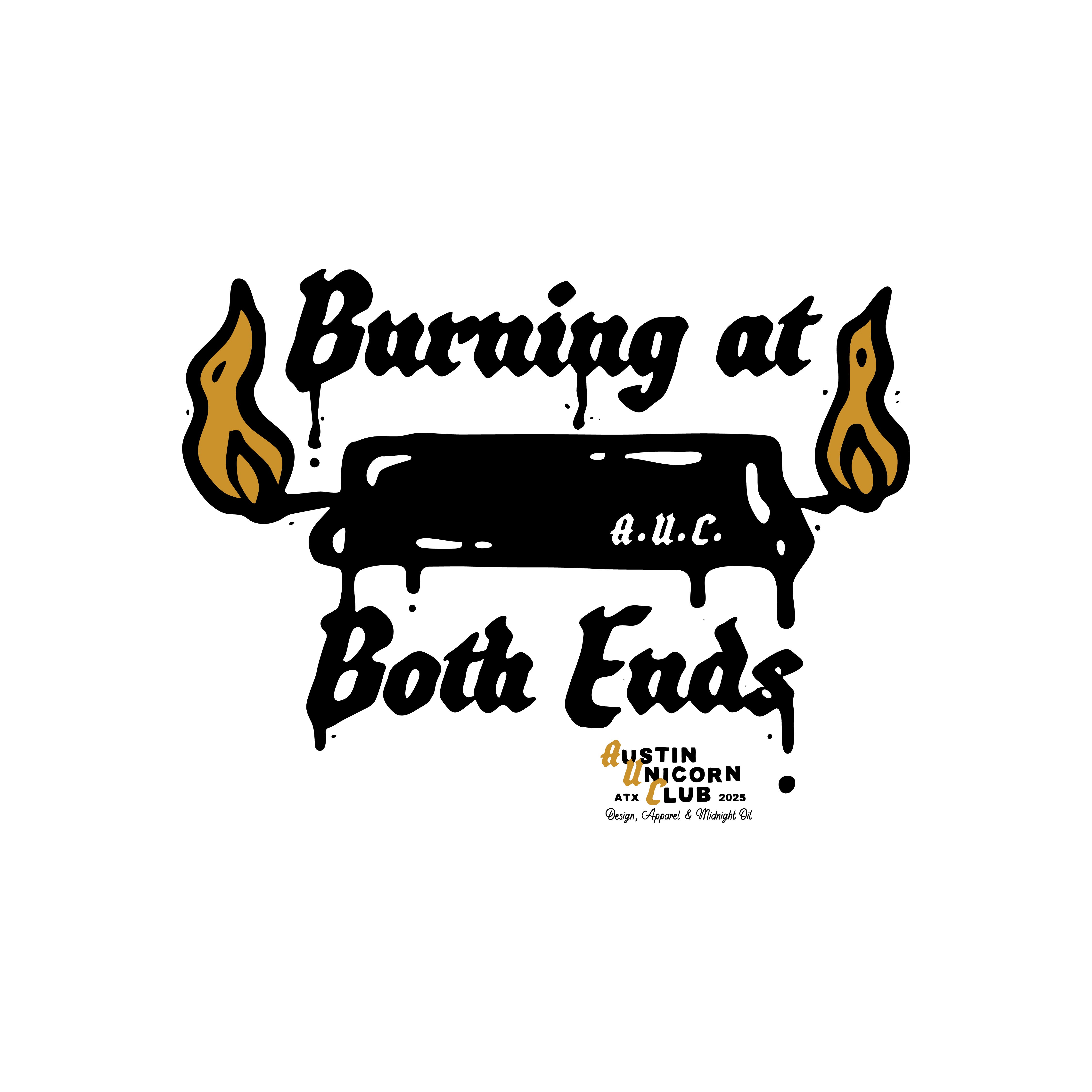 Austin Unicorn Club black & gold image for a graphic tee of a candle "Burning at Both Ends"