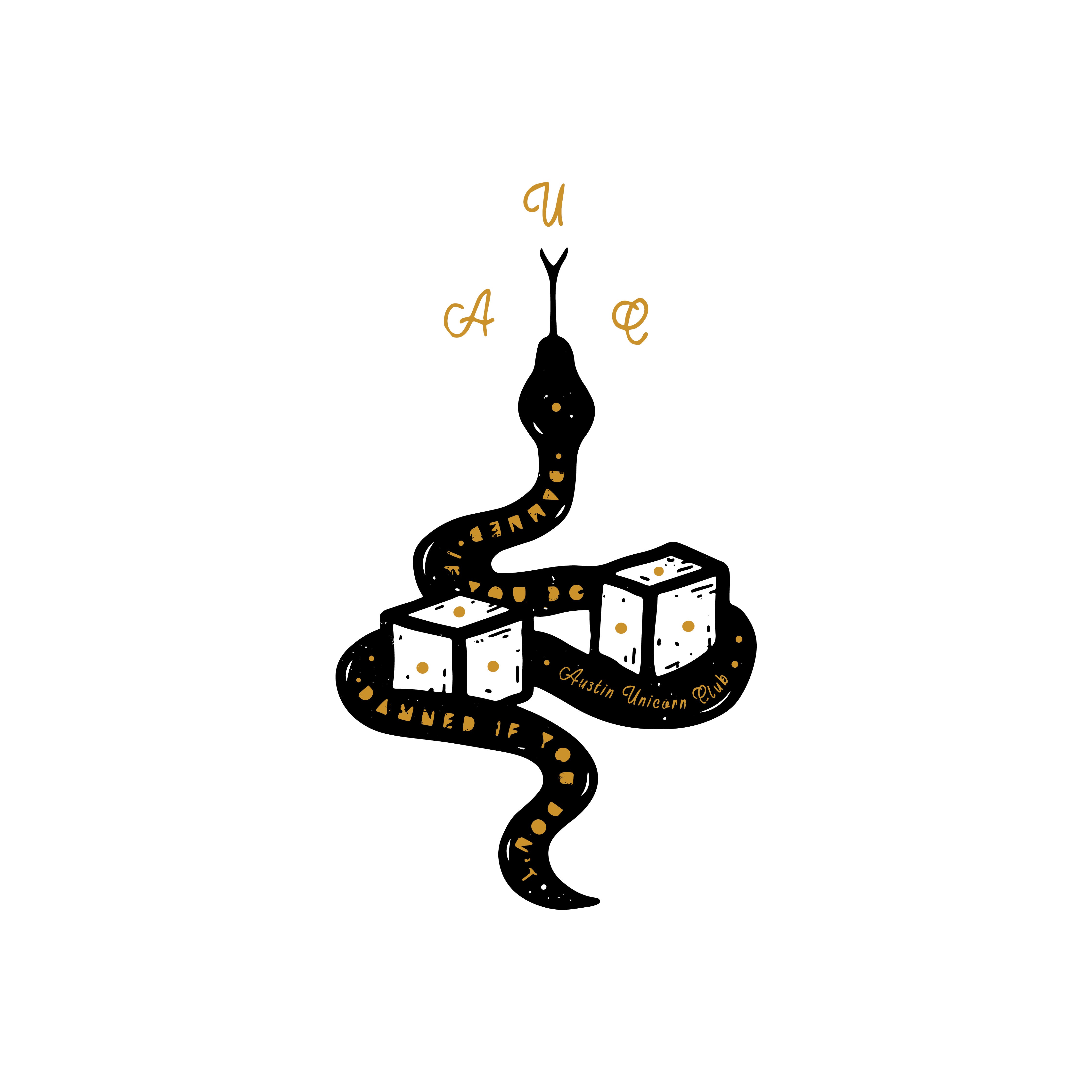 Austin Unicorn Club artwork of snake coiled around dice with words "Damned If You Do" as a printed graphic tee design.