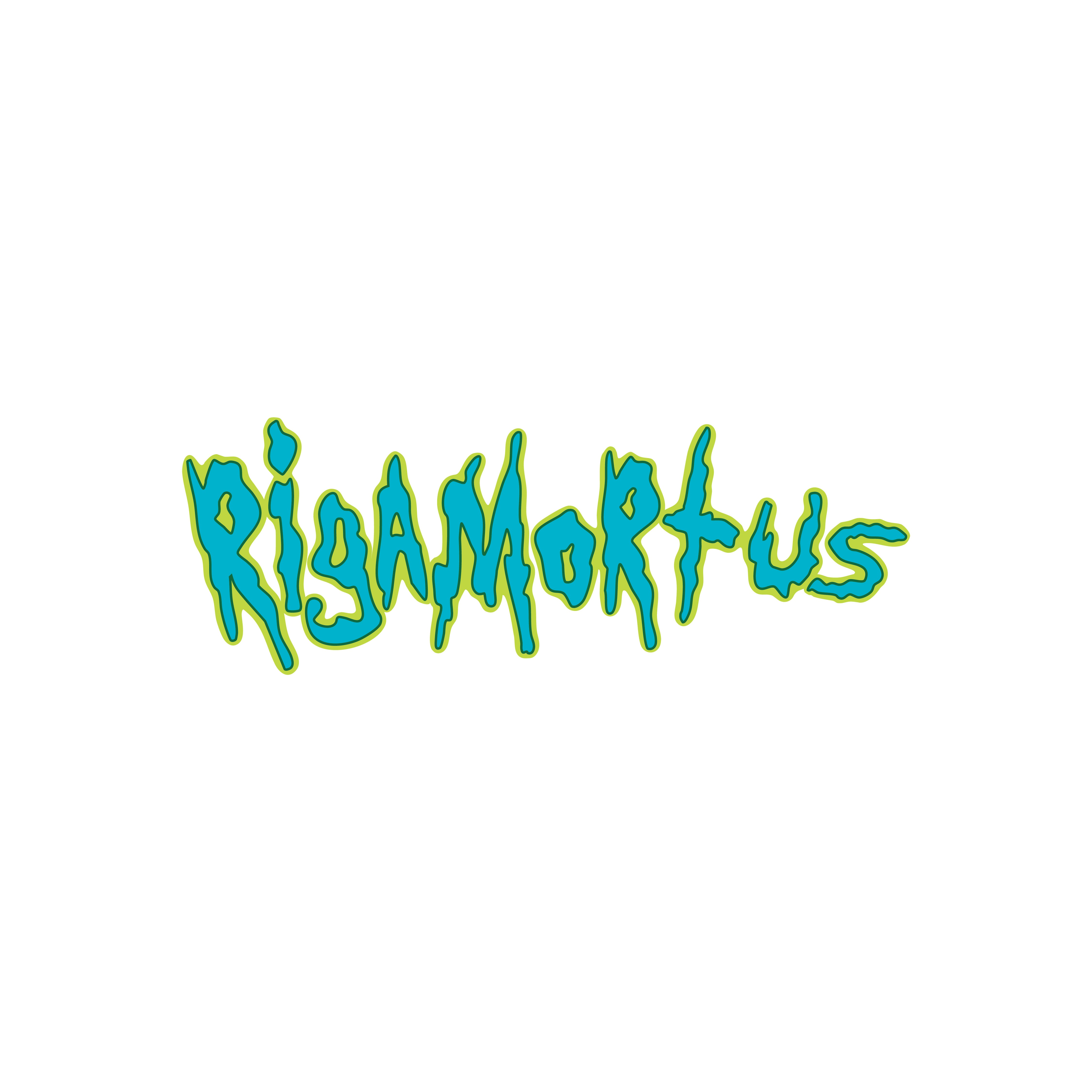 Austin Unicorn Club teal and neon yellow image for a graphic tee of "Rigamortus" written in the Rick & Morty font.